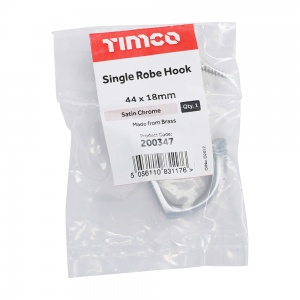 44 x 18mm Single Robe Hook - Satin Chrome Qty Bag 1