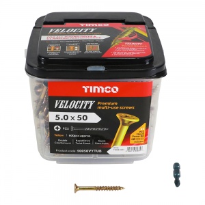 5.0 x 50 Velocity Premium Multi-Use Screws - PZ - Double Countersunk - Yellow Qty Tub 600