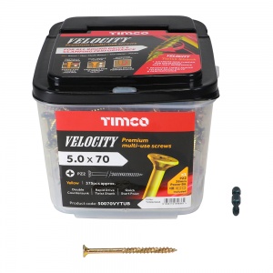 5.0 x 70 Velocity Premium Multi-Use Screws - PZ - Double Countersunk - Yellow Qty Tub 375