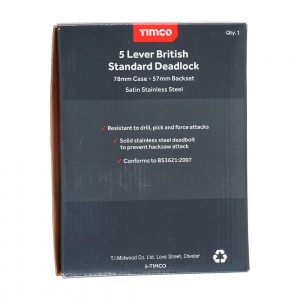 78mm 5 Lever British Standard Deadlock - Stainless Steel - Satin Qty Box 1