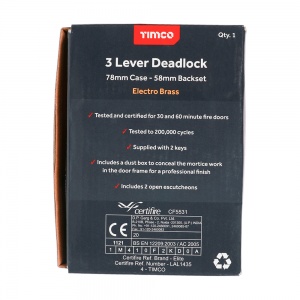 78mm 3 Lever Deadlock - Electro Brass Qty Box 1